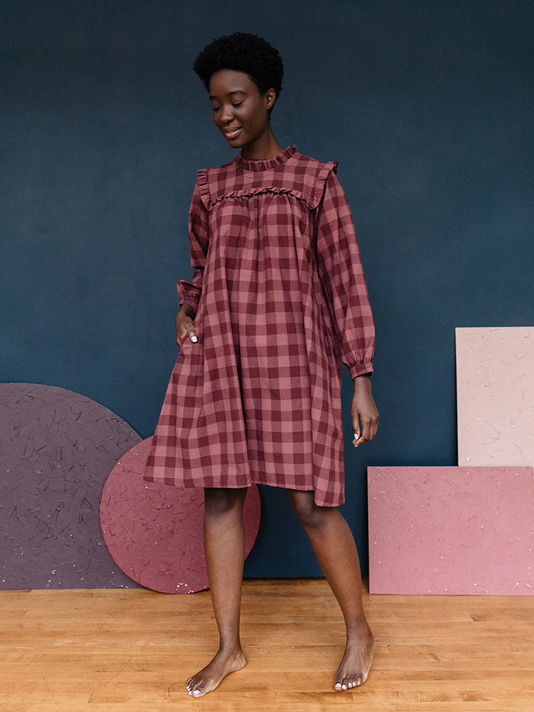 Soleil Long Sleeve Dress - Plum Gingham - Image 3