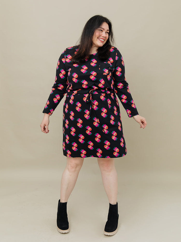 Abby Long Sleeve Plus Size Dress - Memphis Shapes Black - Image 3