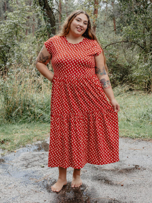 Tiered Jersey Plus Size Dress - Micro Floral Red - Image 3