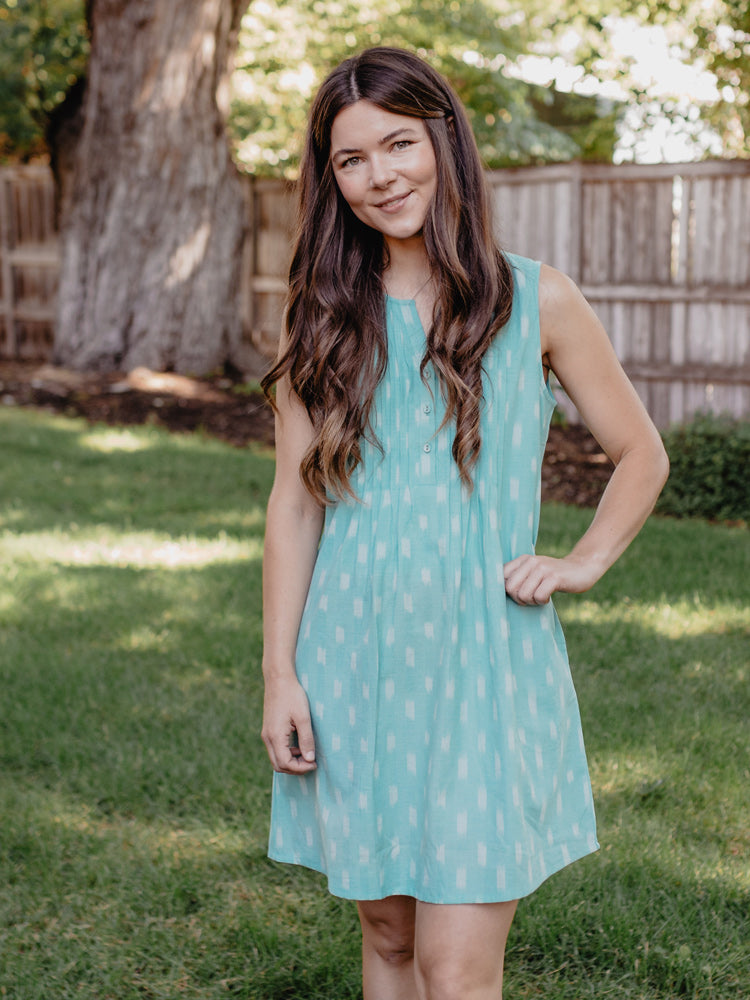 Pintucked Away Dress - Aqua Ikat - Image 1