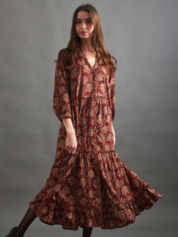 Britta Long Sleeve Tiered Dress - Red Floral - Image 4