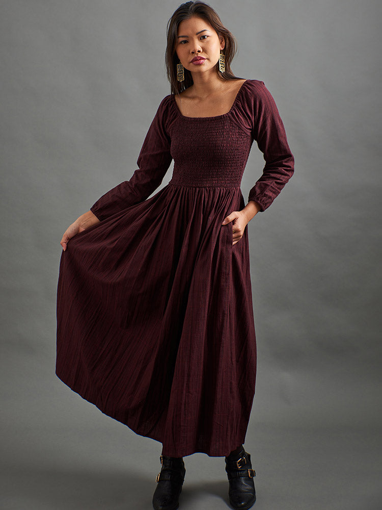 Hailee Smocked Midi Dress - Maroon Plaid - Image 1