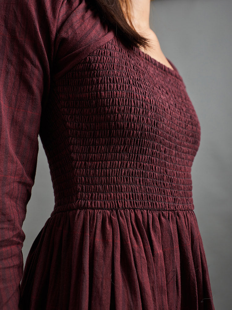 Hailee Smocked Midi Dress - Maroon Plaid - Image 3