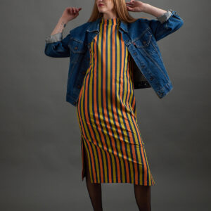 Maggie Mock Neck Dress - Navy Chartreuse Stripe - Image 1