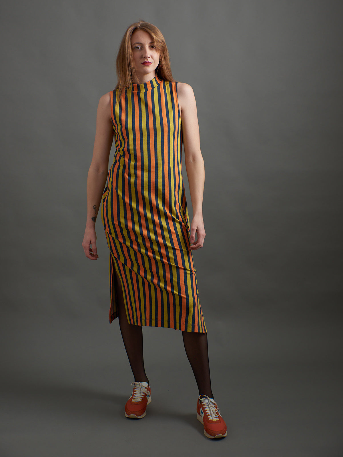 Maggie Mock Neck Dress - Navy Chartreuse Stripe - Image 3