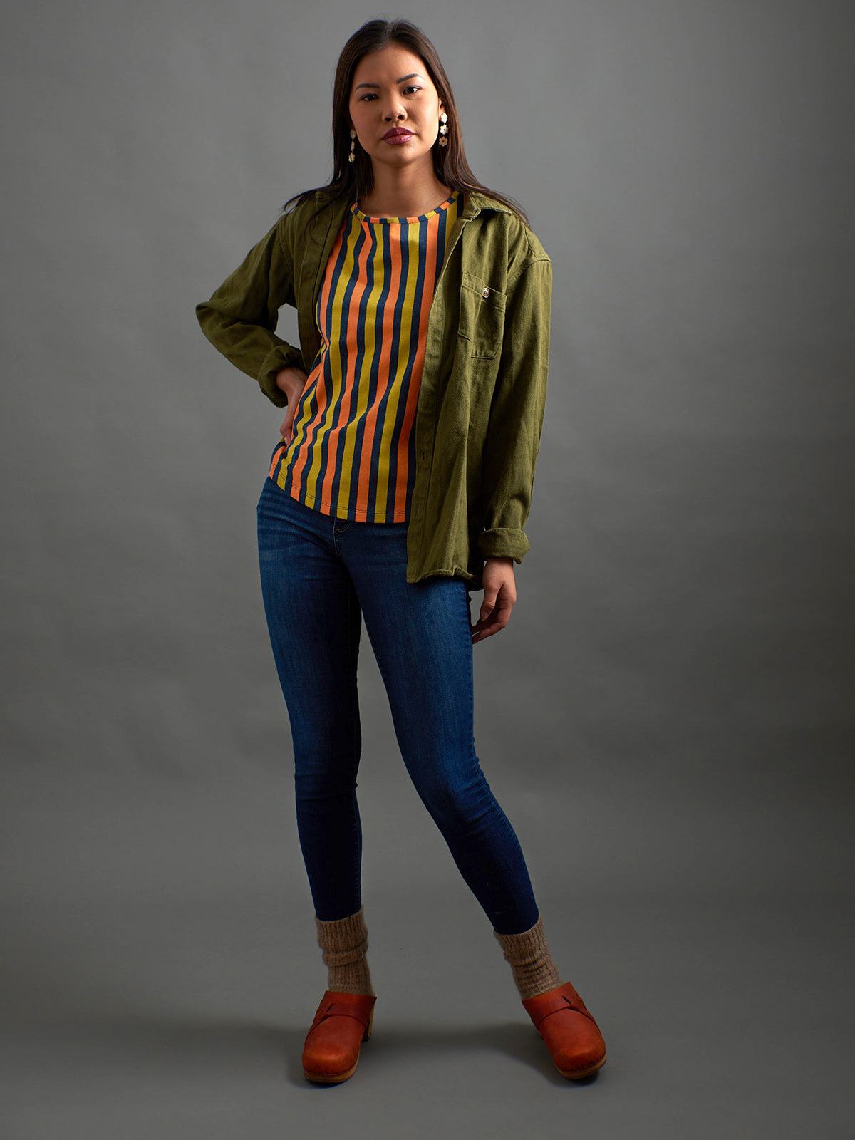 Millie Muscle Tee - Navy Chartreuse Stripe - Image 1