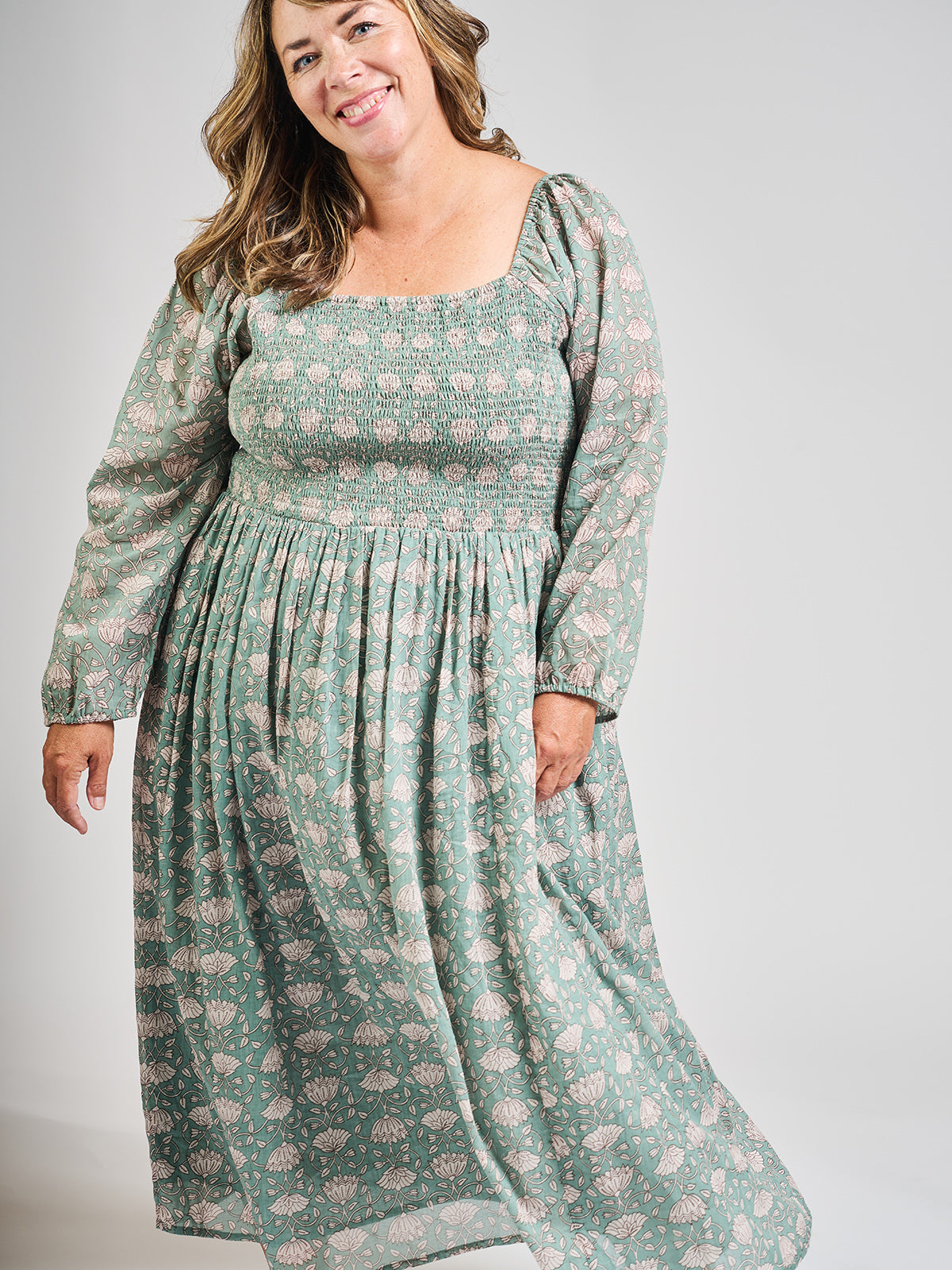 Hailee Smocked Plus Size Midi Dress - Aegean Teal Floral - Image 1