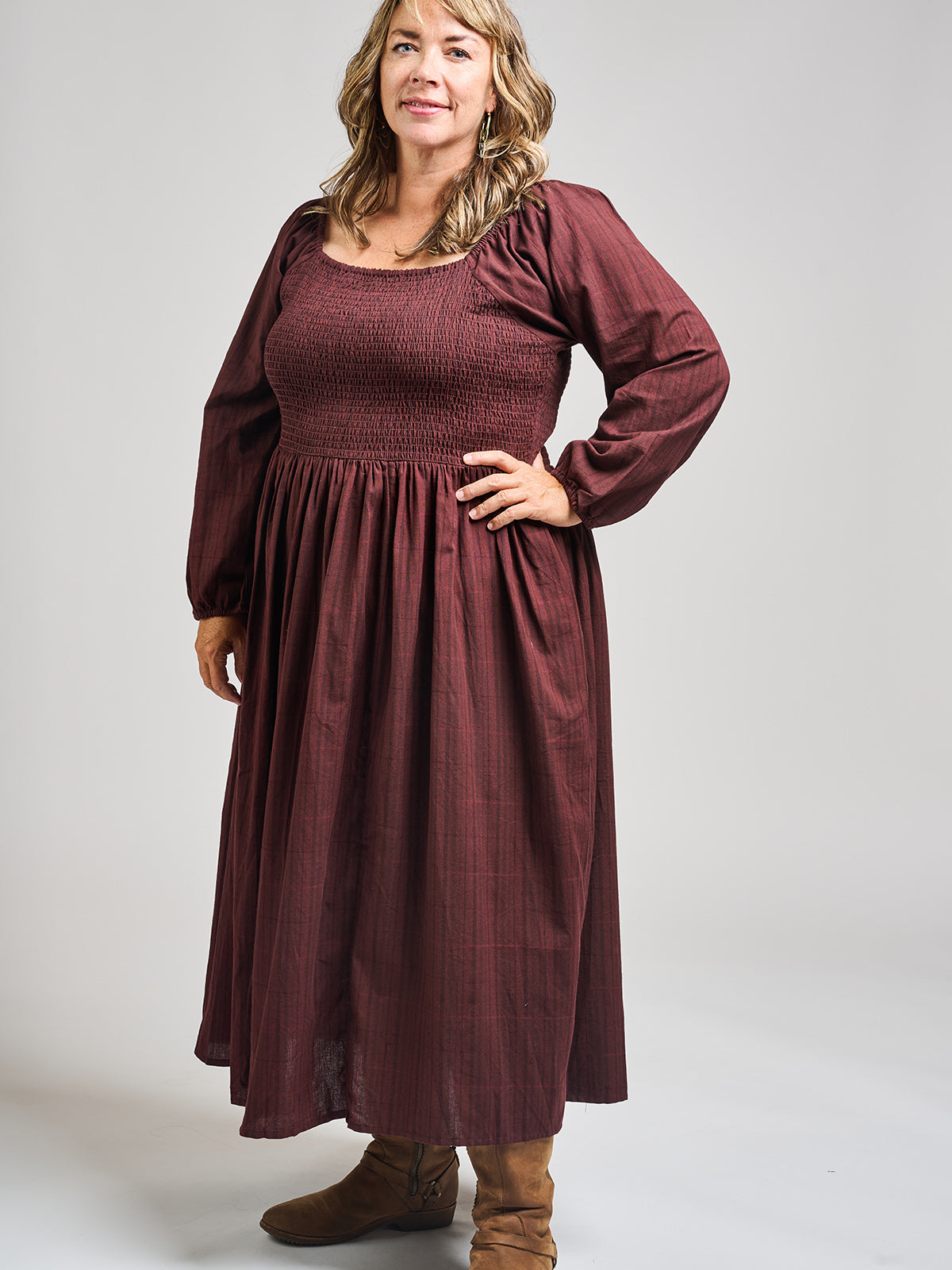 Hailee Smocked Plus Size Midi Dress - Maroon Plaid - Image 2