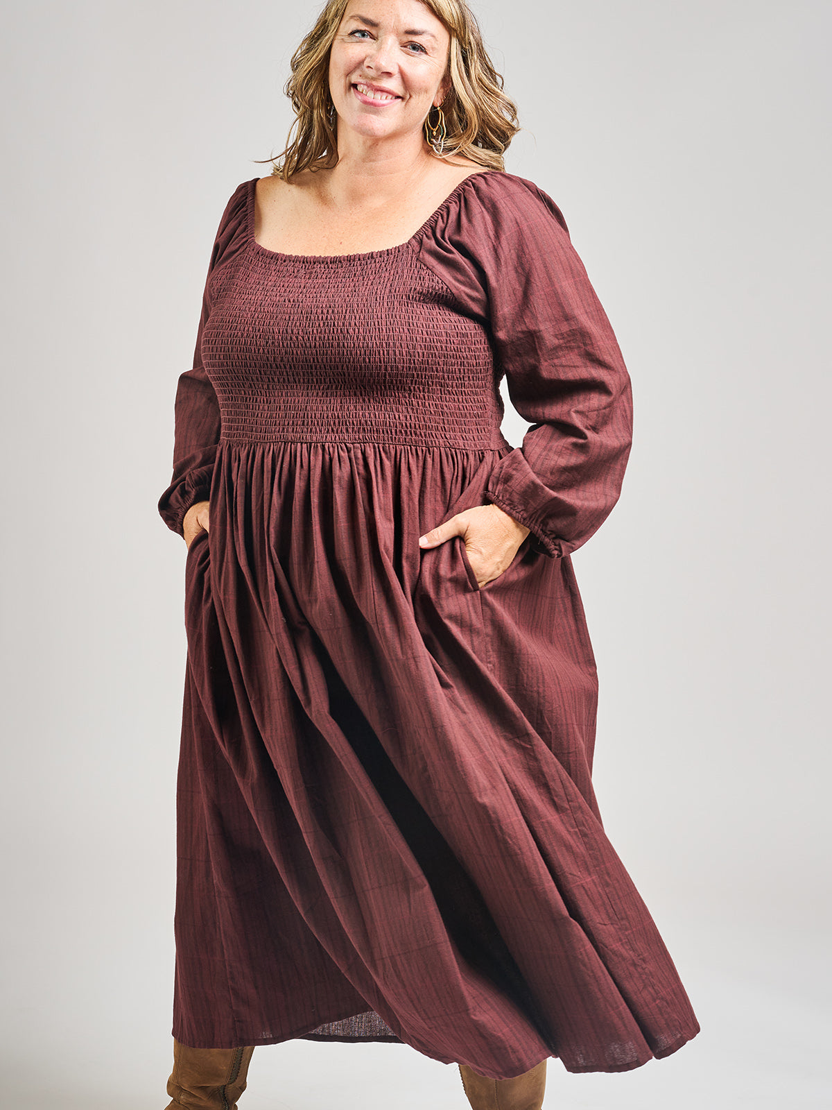 Hailee Smocked Plus Size Midi Dress - Maroon Plaid - Image 1