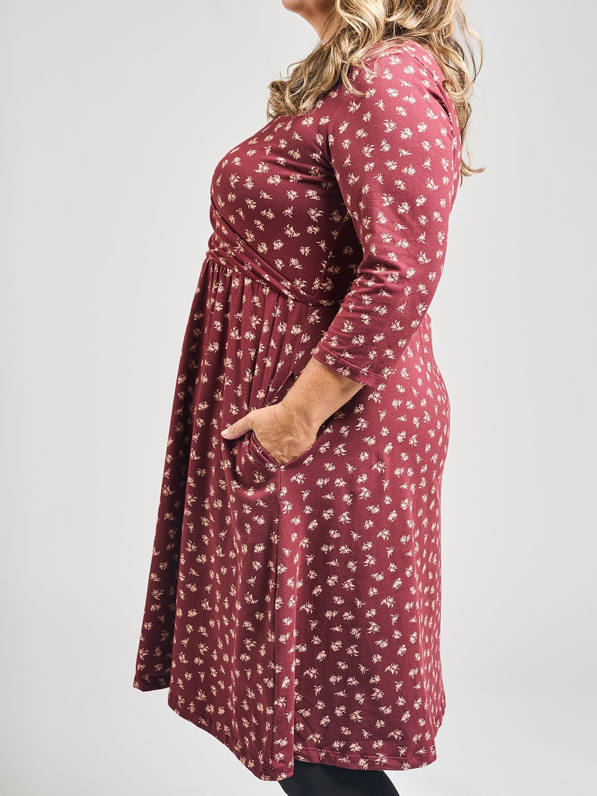 Callie 3/4 Sleeve Plus Size Wrap Dress - Burgundy Bouquet - Image 3