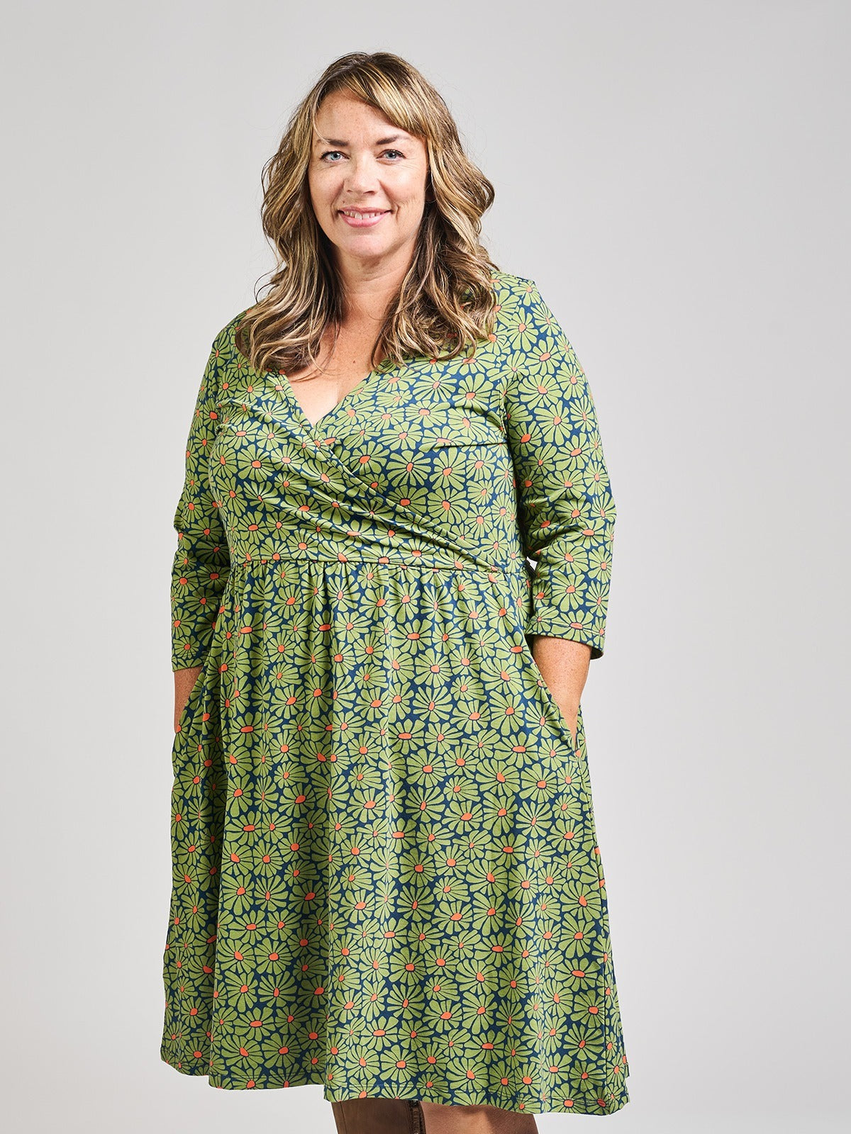 Callie 3/4 Sleeve Plus Size Wrap Dress - Olive Floral - Image 1