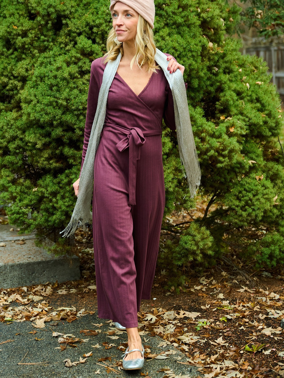 Rita Long Sleeve Jumpsuit - Eggplant Rib Knit - Image 5