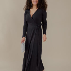 Katie Maxi Wrap Dress - Black Rib Knit - Image 1