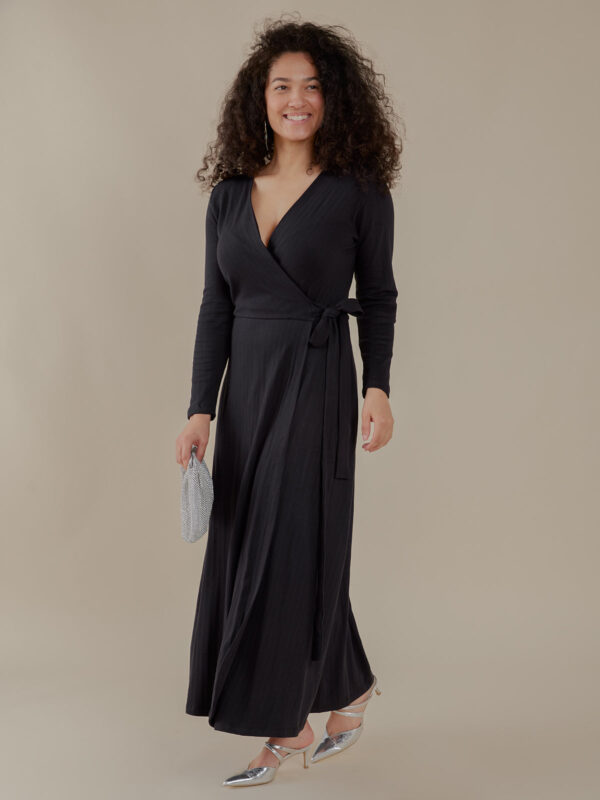 Katie Maxi Wrap Dress - Black Rib Knit