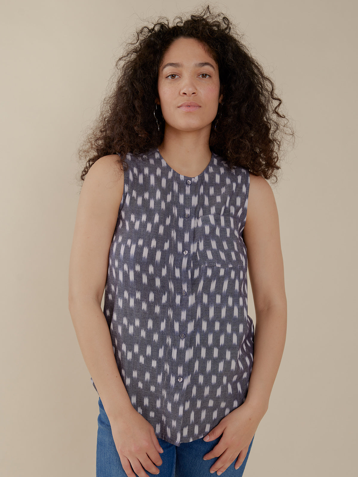 Eleni Sleeveless Tunic Top - Blue Ikat - Image 1