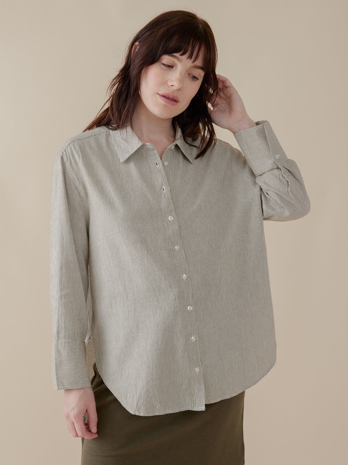 Mae Oversized Shirt - Olive Stripe - Image 5