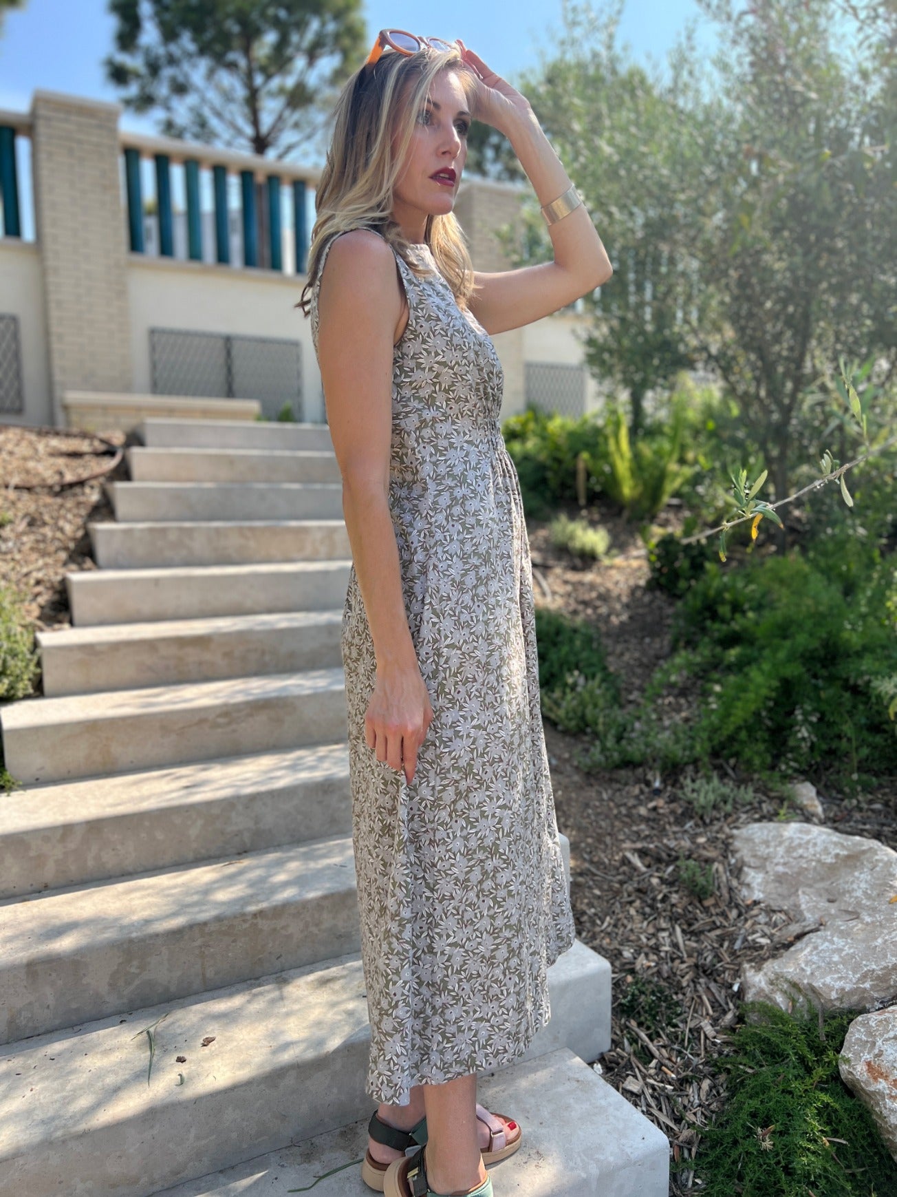 Artsy Traveler Sleeveless Midi Dress - Olive Flowers - Image 3