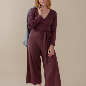 Rita Long Sleeve Jumpsuit - Eggplant Rib Knit - Image 1