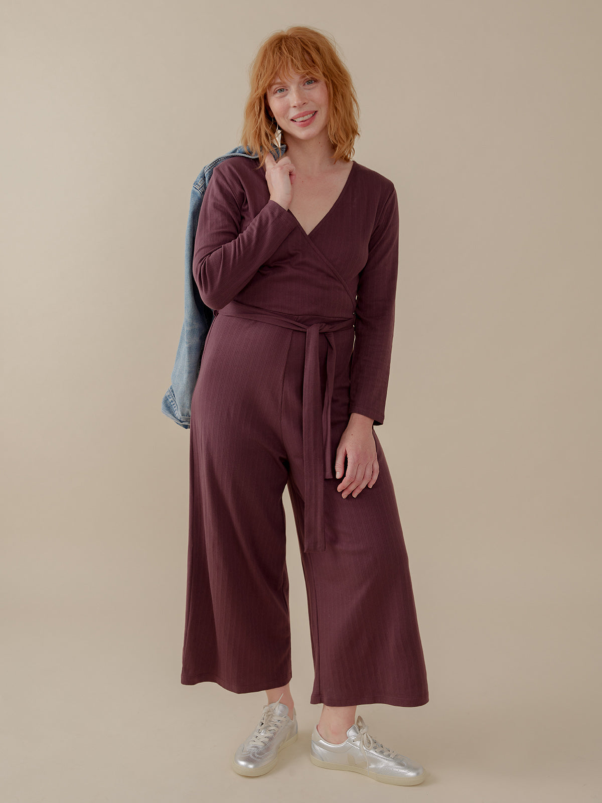 Rita Long Sleeve Jumpsuit - Eggplant Rib Knit - Image 1