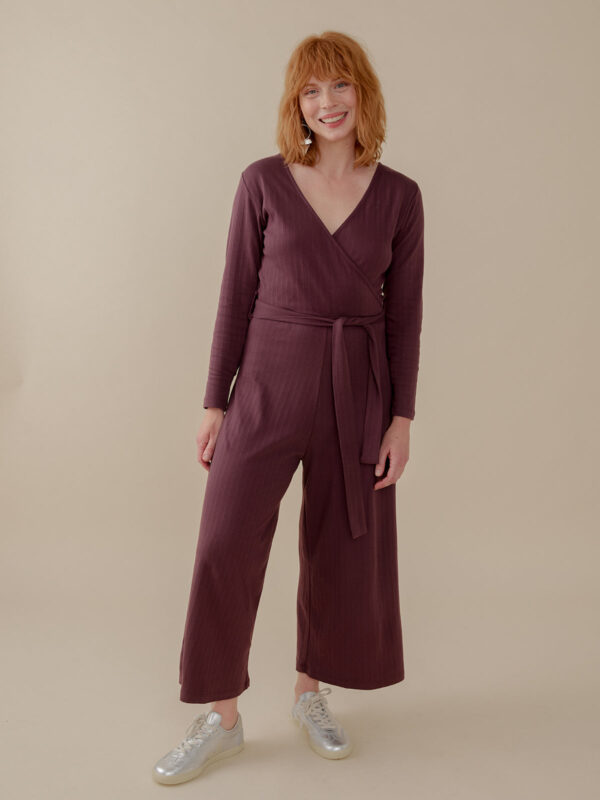 Rita Long Sleeve Jumpsuit - Eggplant Rib Knit - Image 2