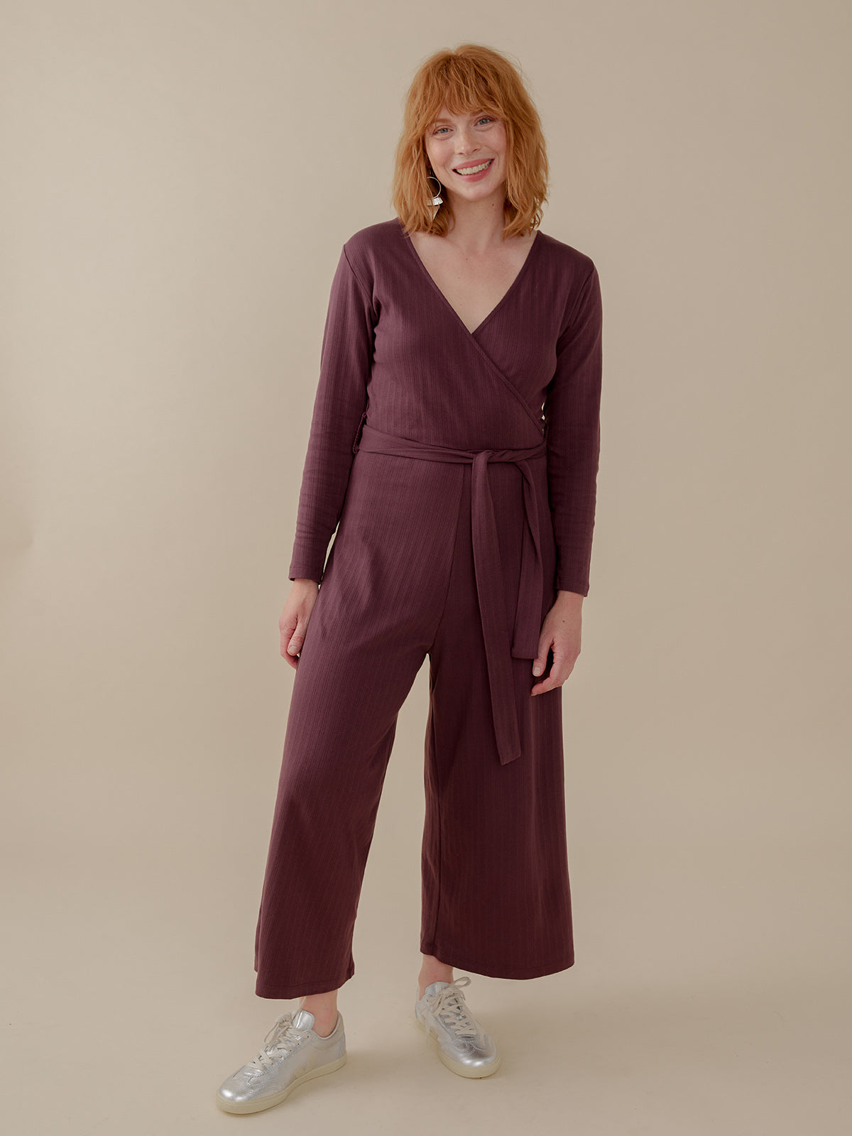 Rita Long Sleeve Jumpsuit - Eggplant Rib Knit - Image 2